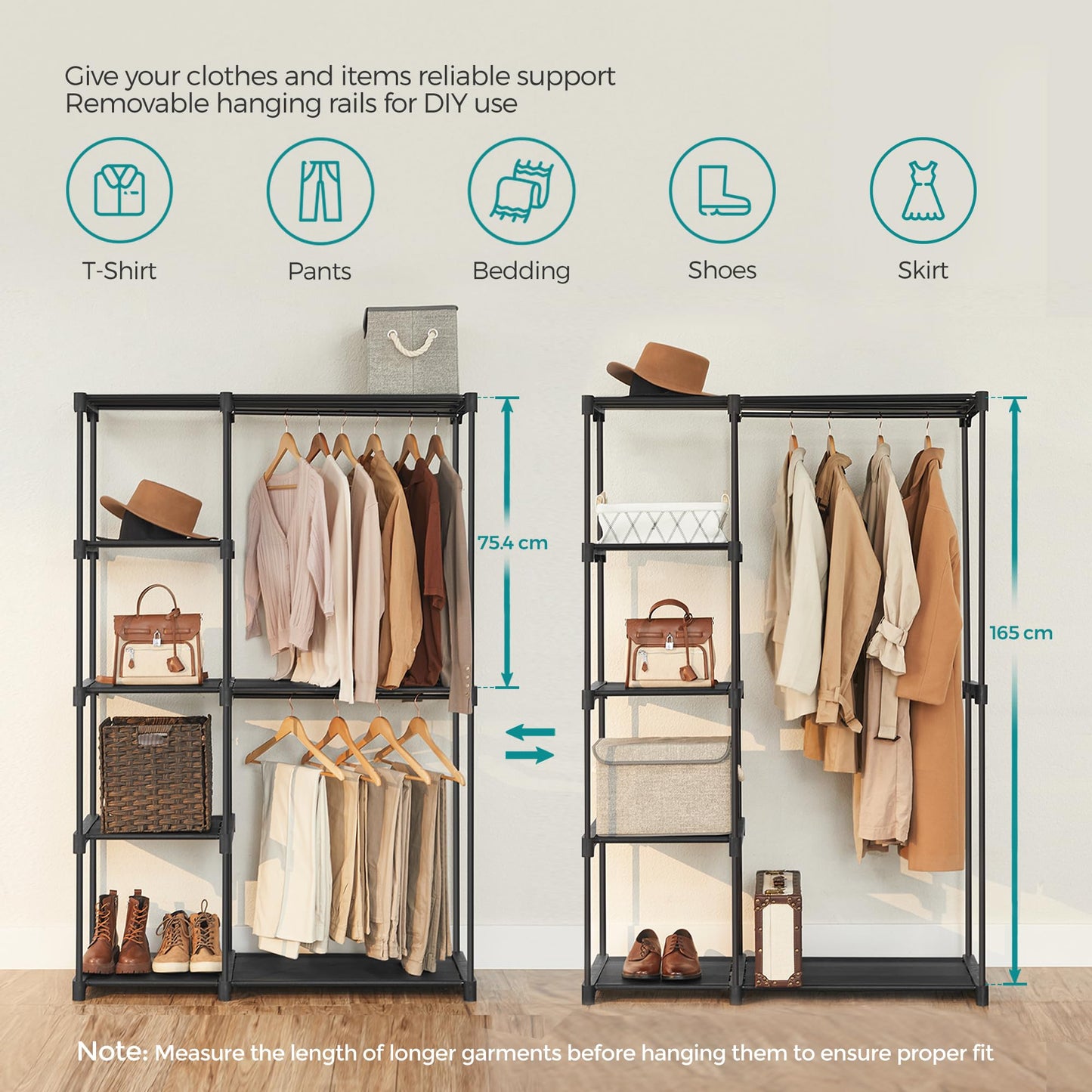 SONGMICS Open Wardrobe, Clothes Rack, Hanging Rail, Wardrobe, 2 Hanging Compartments, ample space, for Bedroom, Living Room, 112 x 43 x 165 cm, black RYG24BK