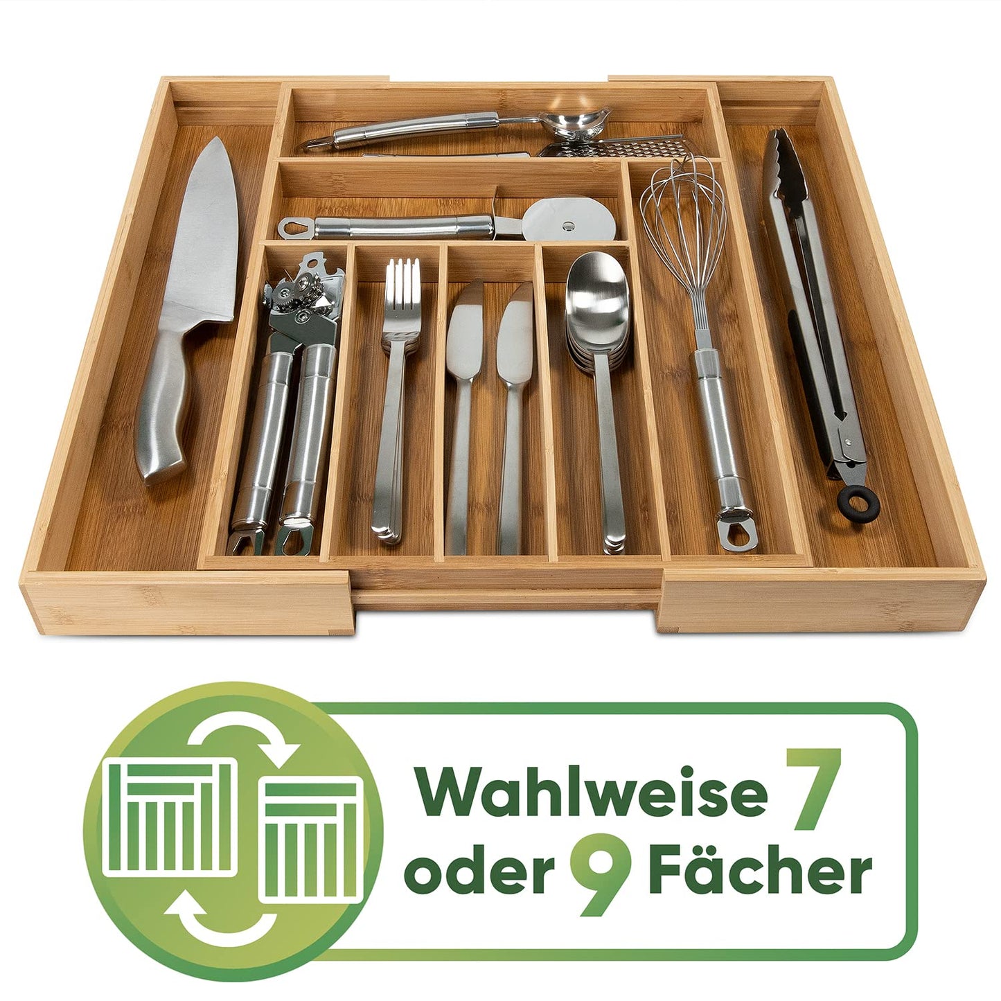 Loco Bird bamboo cutlery tray for drawers, extendable up to 50cm. Adjustable drawer insert for kitchen utensils. Wooden cutlery organizer for kitchen drawers.