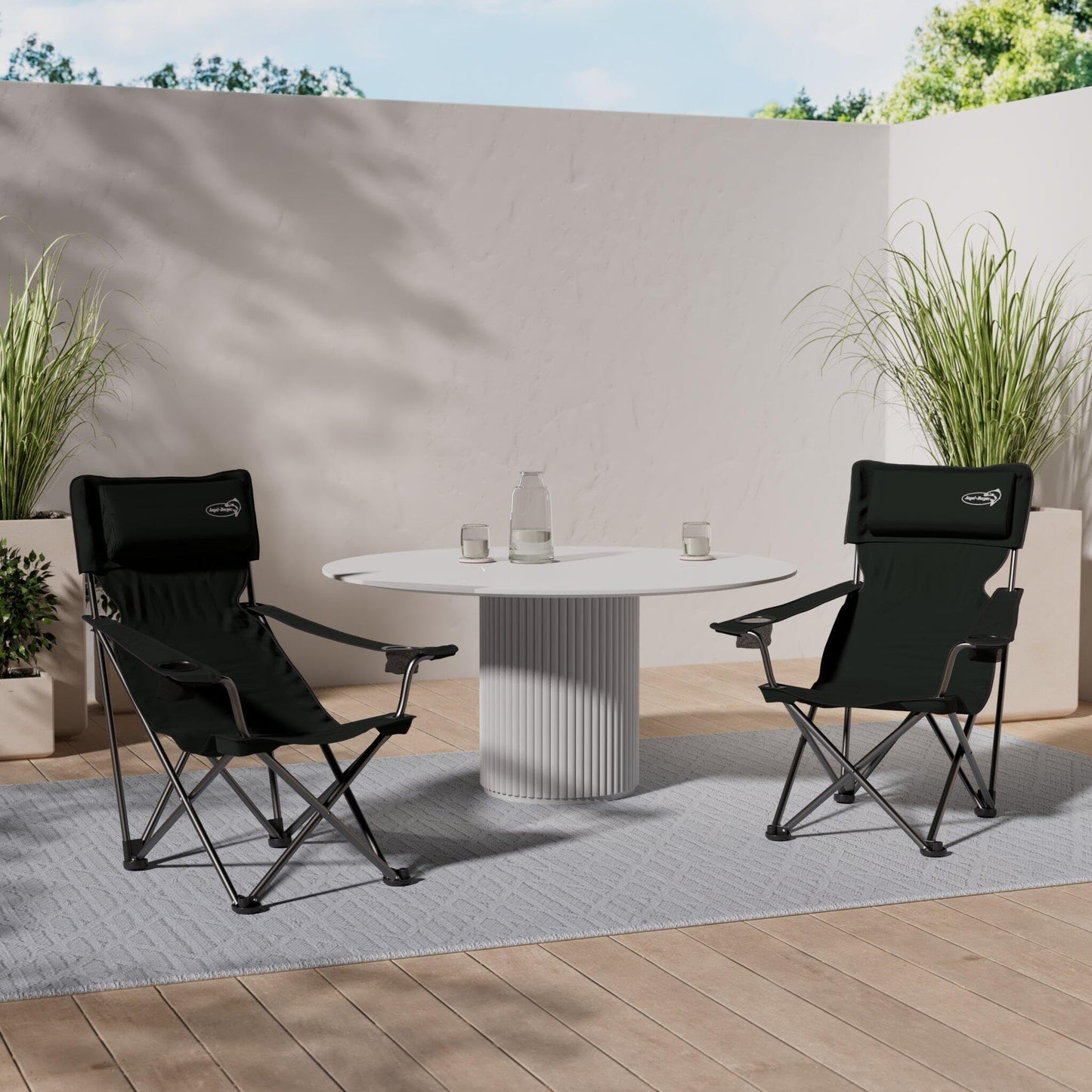 Luxury folding chair with drink holders, padding, and armrests in green.