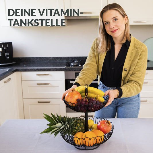 Chefarone® Fruit Stand Large - XL Fruit Bowl 33cm - Black 3-tier Stand - Stylish fruit basket with bowls - Kitchen decor & storage