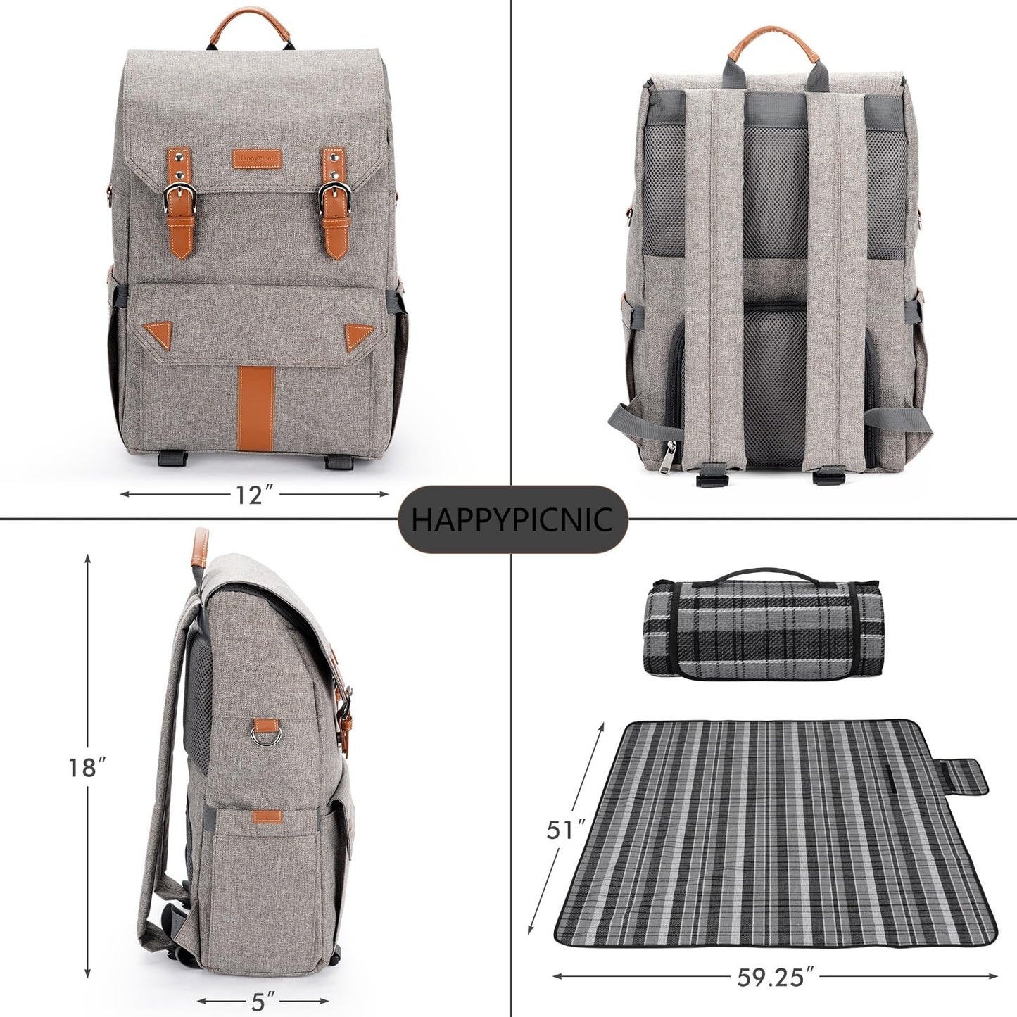 HappyPicnic insulated picnic backpack for 4 people with complete tableware set, spacious cooler compartment, bottle holders, and large waterproof picnic blanket.