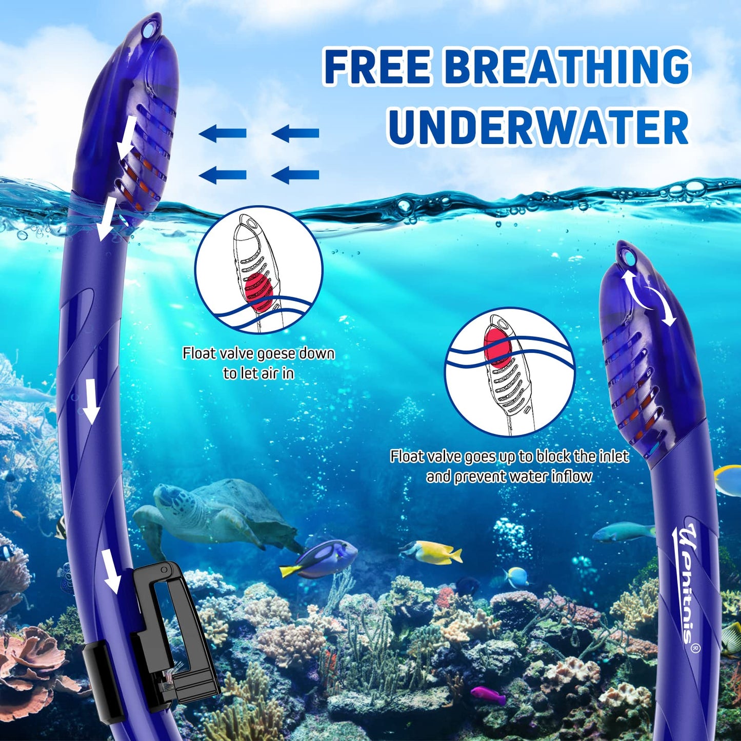 UPhitnis snorkel set for kids with fins, anti-fog 180° panoramic dive mask, adjustable flippers, and premium dry snorkel - 3 in 1 set with carrying bag