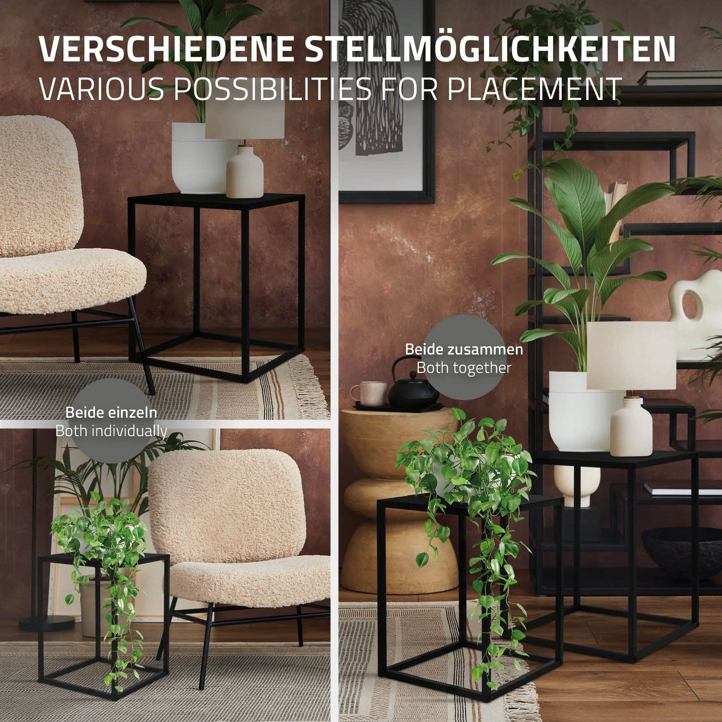 ML-Design Flower Stand 2-piece Set in Black made of metal, 30x40x30 cm/35x45x35 cm, square Flower Stool Plant Stand Plant Stool Nesting Table Plant Table Decor Side Table Coffee Table Living Room Table