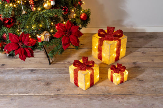 Bambelaa! 3er LED decorative gift light boxes with timer Christmas decoration illuminated Christmas decoration (Yellow)