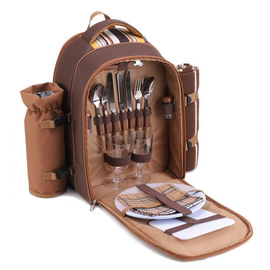 Apollo Walker picnic backpack for 2 people picnic set (set & blanket) thermal bag coolers for camping, beach, hiking Brown
