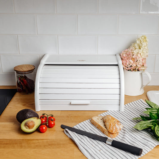 Creative Home White Bread Box Wood | 38 x 28.5 x 17.5cm (+/-1cm) | Perfect BreadBox for Bread Rolls Cakes | Bread Bin with Roll Lid | Natural Bread Storage| Bread Container for Any Kitchen