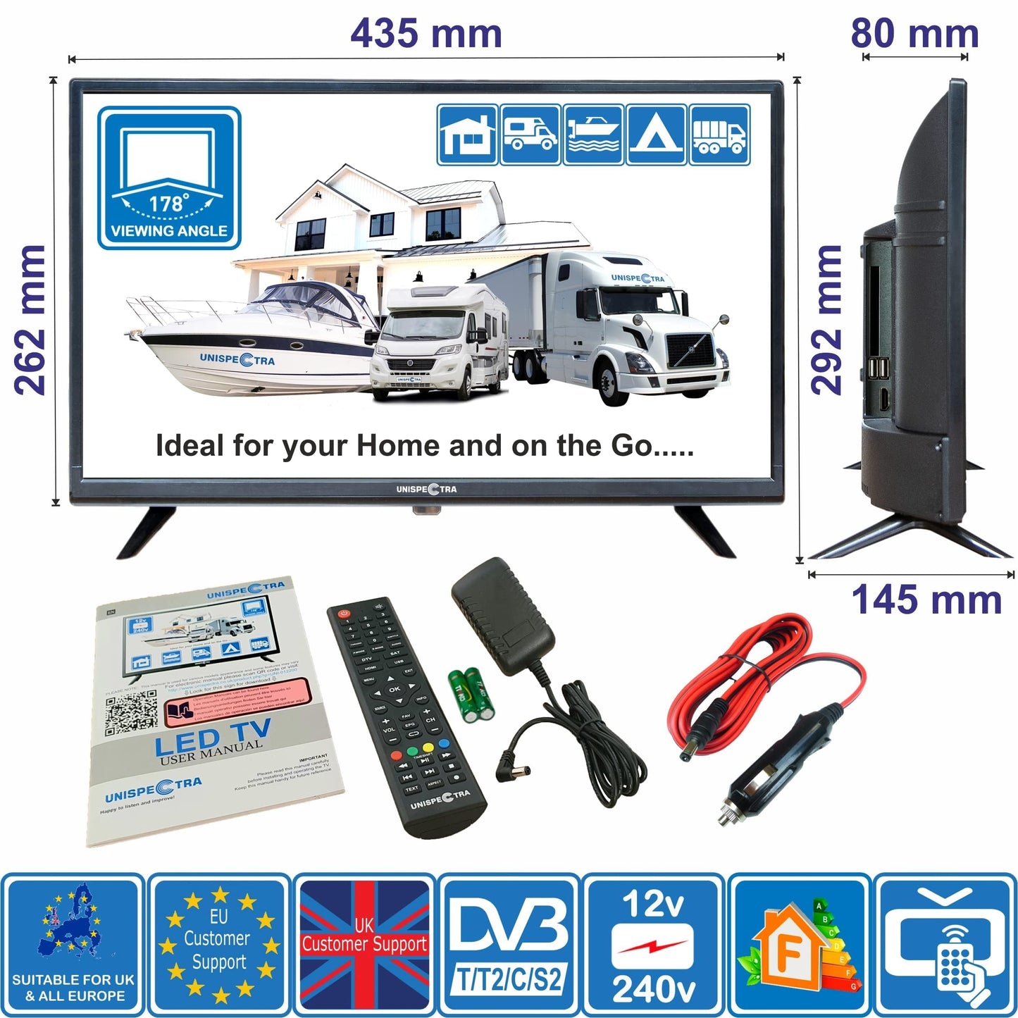 Unispectra® 19-inch HD LED TV Small 230v (Volt) 12v DVBT2 and SAT receiver, USB media player, HDMI. 12V TV for motorhomes, caravans, camping, campers, trucks, boats, kitchen.