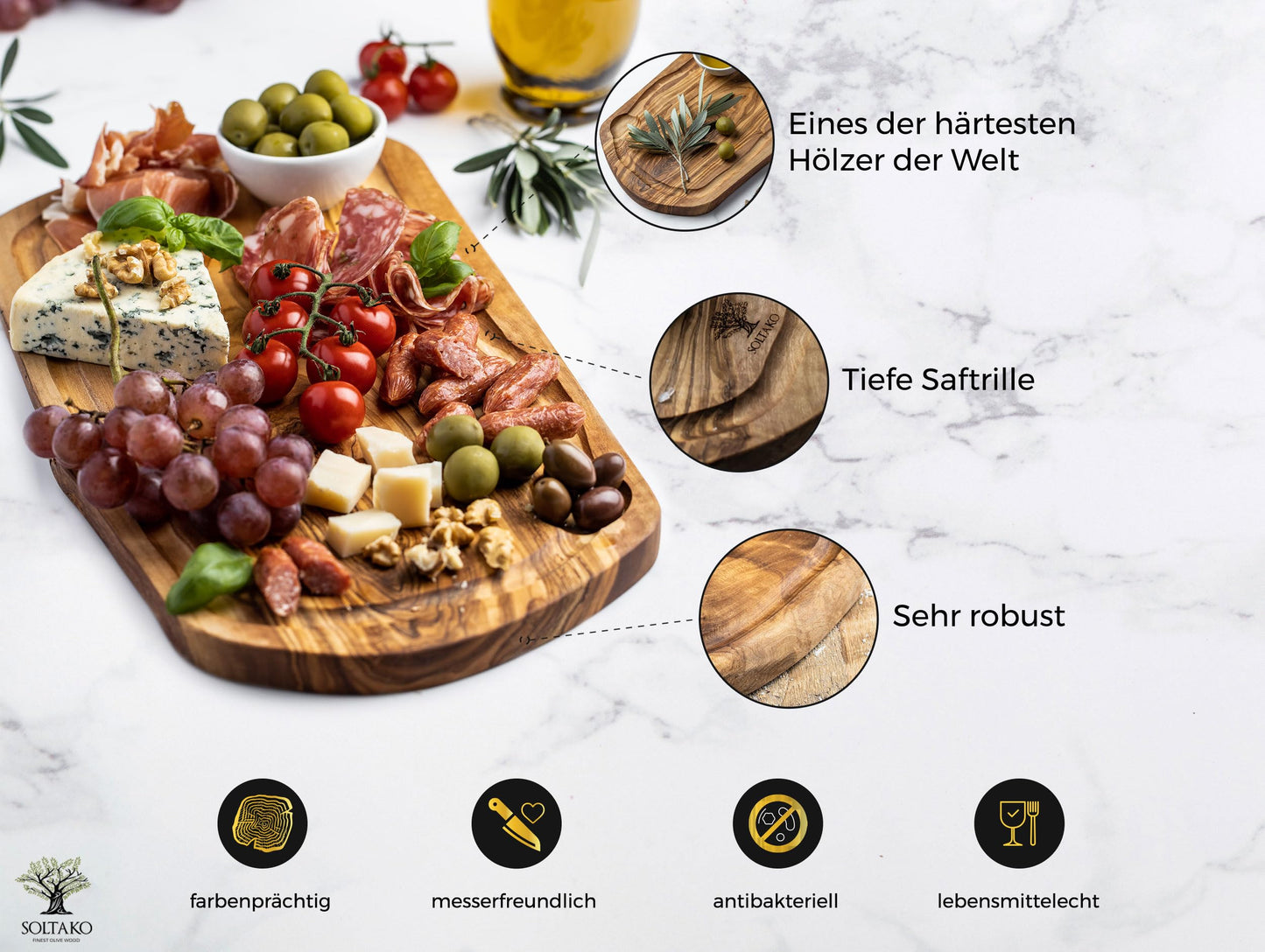 SOLTAKO Olive Wood Steak Board, Large Cheese Board, Handmade Serving Plate, Wooden Charcuterie Board, Rustic Cutting Board with Juice Groove, Kitchen Accessory (1, 15-17 Inches)