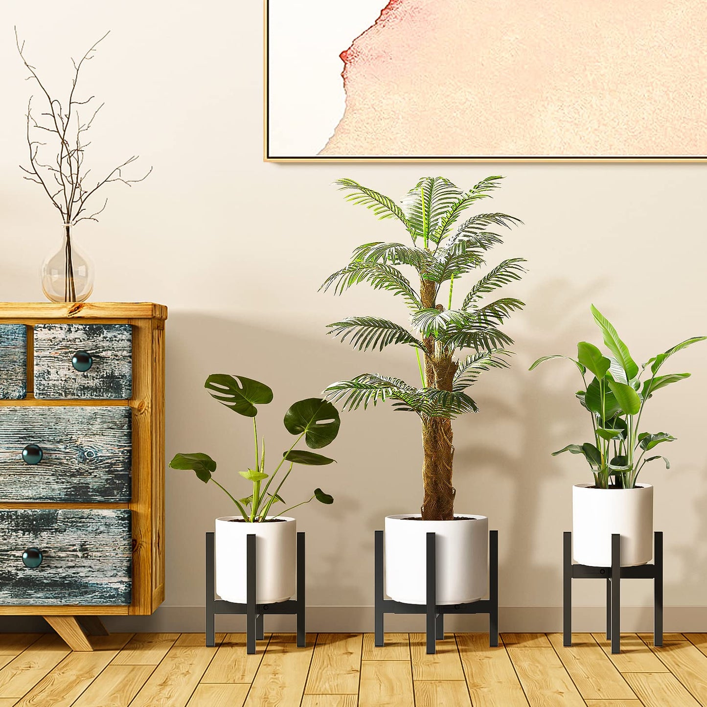 ZMTECH flower stand 20 cm diameter, black metal plant stand, 8 inch plant shelf tall for indoor outdoor room corner, living room