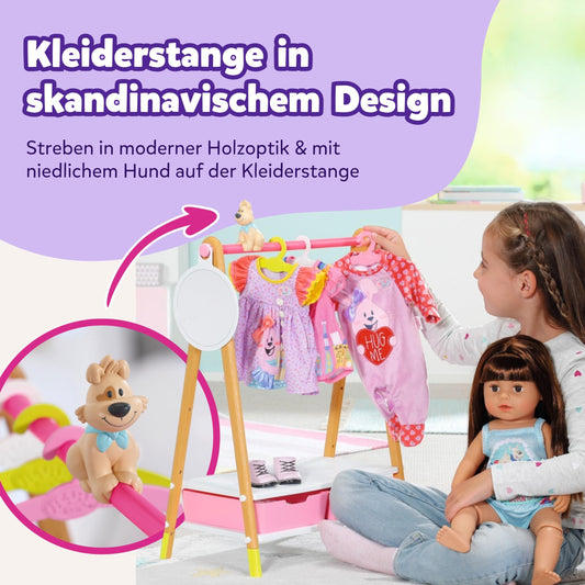 Zapf Creation 830000 BABY born Clothes Stand - Doll Clothes Rack with Wood-look and Accessories, Multicolored