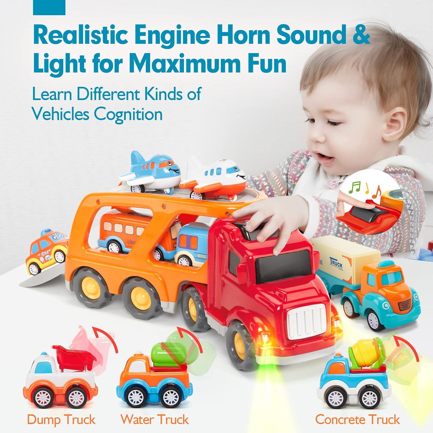 Hahaland car toy for 3 4 5 year olds, truck toy with lights and music, 10 in 1 cars transporter set kids toy, toy car gift for 3 4 5 year old boys girls.