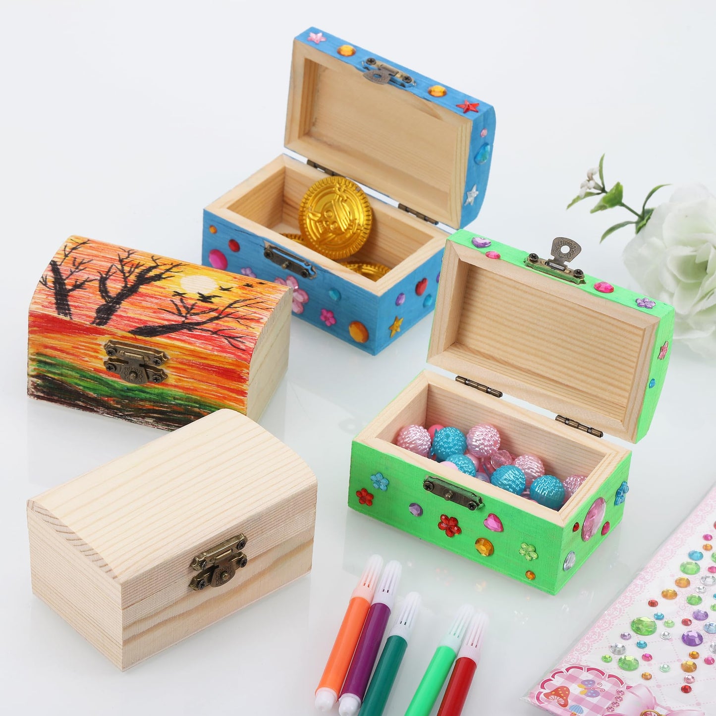 Fentar 10pcs Treasure Chest Kids Birthday, Wooden Treasure Chest Crafting Set, Small Treasure Chest for Kids, Wooden Box with Lid, Treasure Chest for Painting Kids Birthday with Markers Stickers