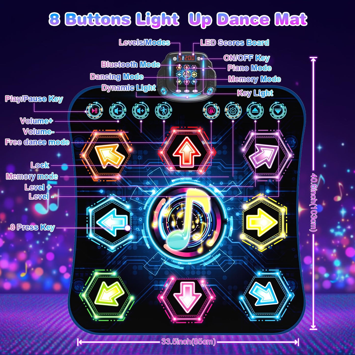 Dance mat for kids ages 3-12, 2025 Glow 8 Button Dance Mat with Bluetooth, Enhanced Flowing Light Control System with Stand, Toy Gift Girls 3 4 5 6 7 8 9 10 11 12 years