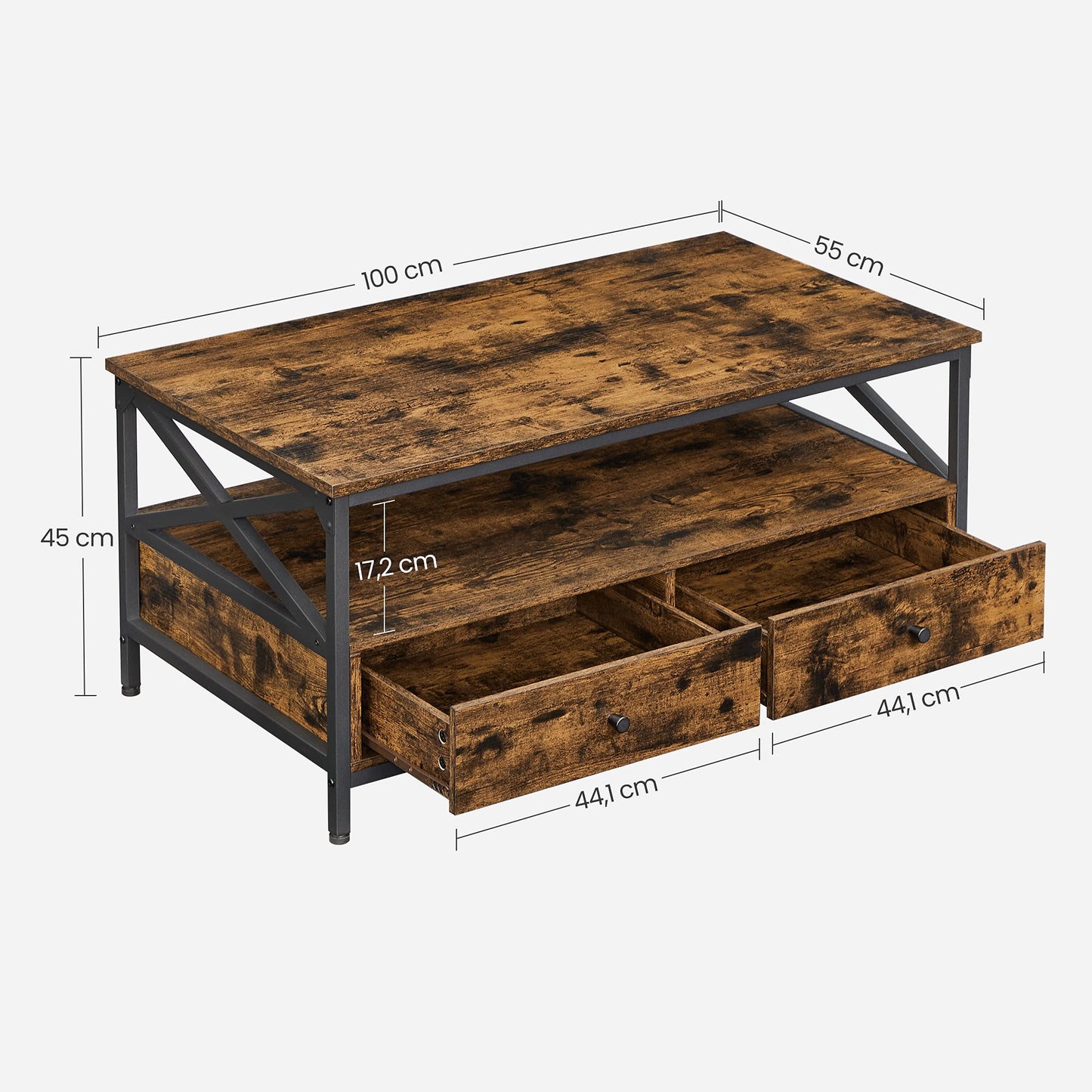 VASAGLE Coffee Table, Living Room Table, Sofa Table, for Living Room, with Drawers, X-Shaped Supports, Open Shelf, Industrial Design, Vintage Brown-Black LCT201B01