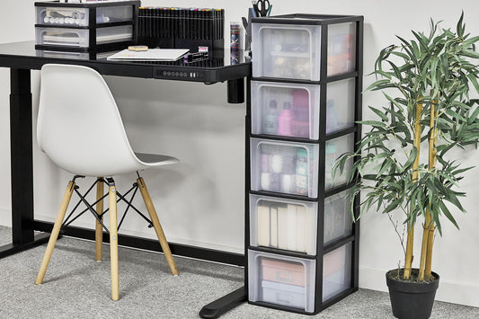 Iris Ohyama, Plastic Drawer Organizer with 5 deep drawers, Black, Easy-Pull System, A4, A5 & A6 size, Desk Organizer for Office, Stationery, BPA-free, Drawer Cabinet, OCH-2500