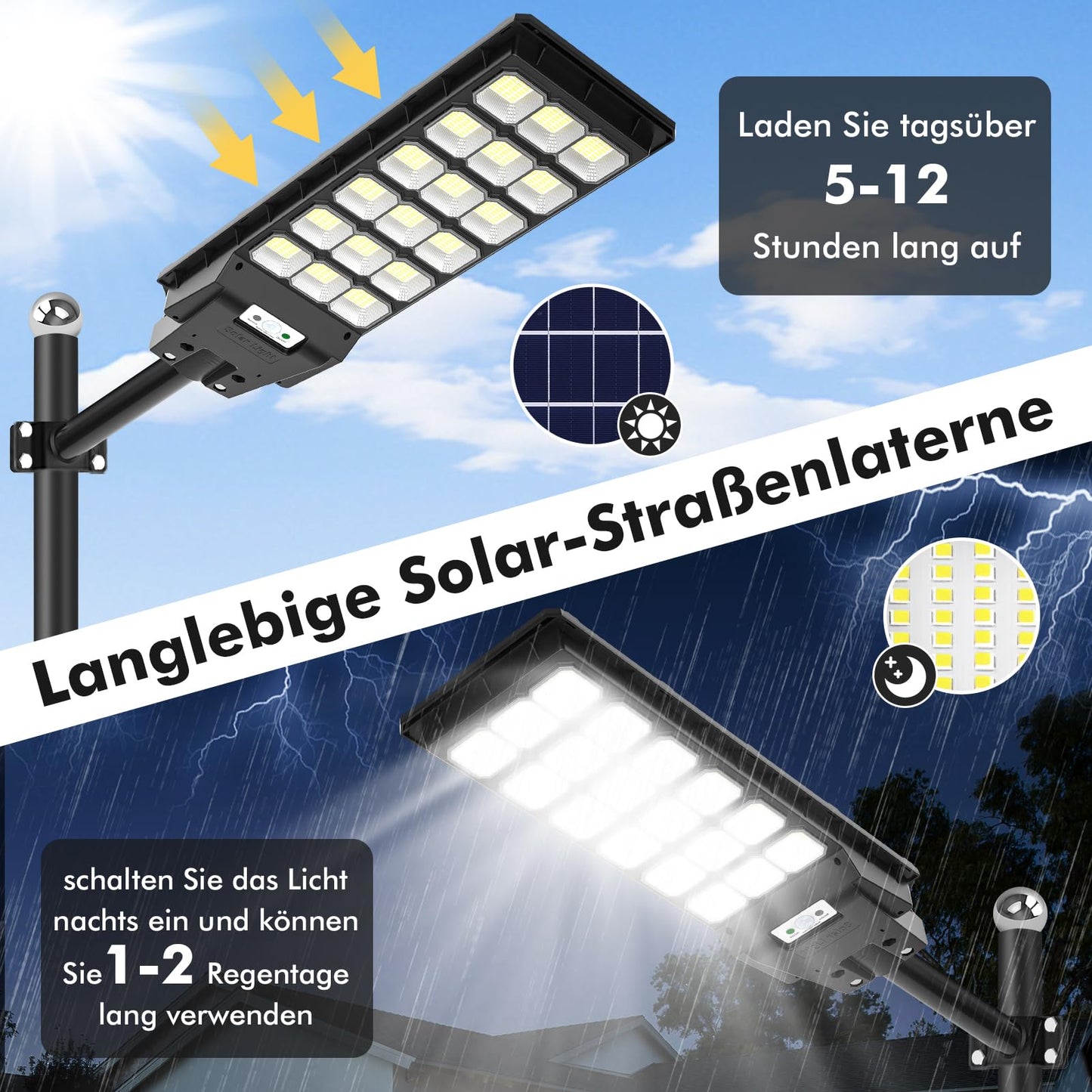 Viugreum 600W Solar Street Light with Motion Sensor, 6500K LED Solar Lantern with Remote Control IP65 Waterproof Street Lamp Outdoor Street Light suitable for streets, courtyards, gardens.