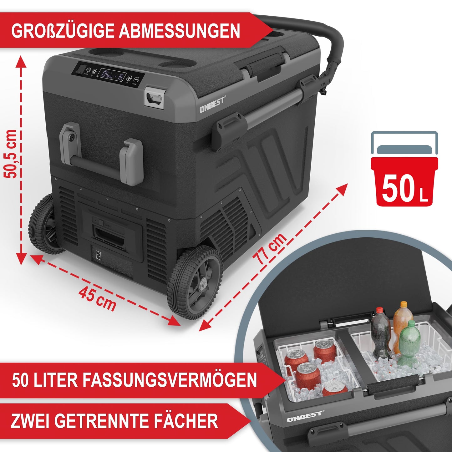 ONBEST Compressor Cooler Box 50L - Electric cooling and freezing box with telescopic handle - 12V/230V connection - Ideal for car, camping, and outdoor activities - Integrated accessories