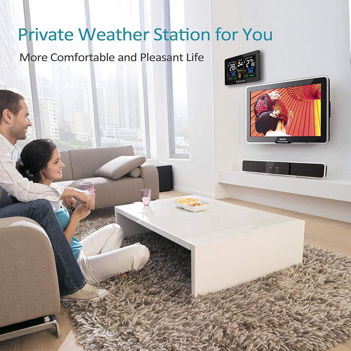 Kalawen weather station with indoor and outdoor temperature, weather forecast, DCF radio clock, battery and mains powered, black.