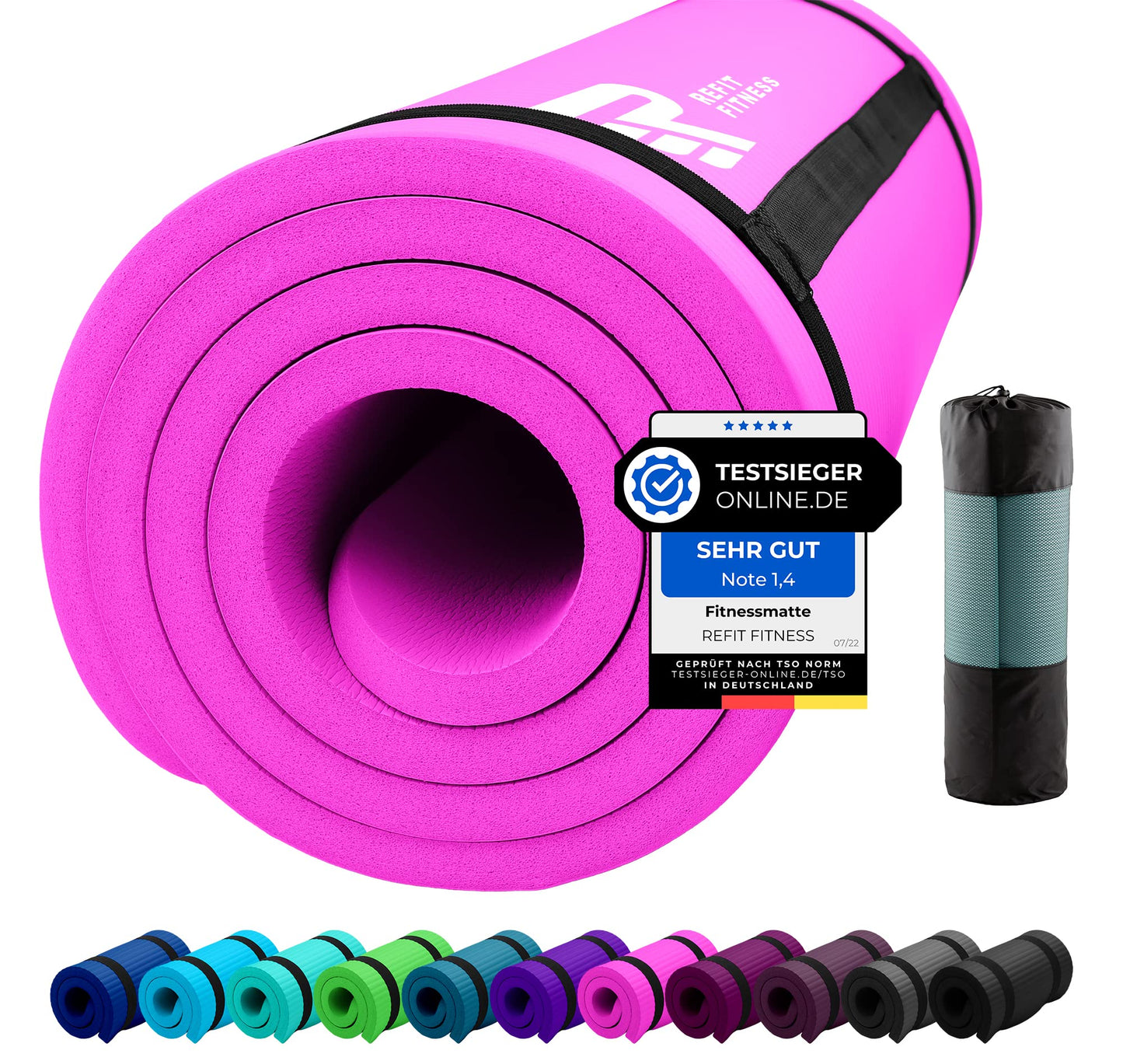 REFIT FITNESS Sport Mat Comfort-Max 190 x 60 x 1.5 cm Hot Pink Rose PainProtect SmartCell NBR Yoga Mat Non-Slip Carry Strap Exercise Mat for Sport Yoga Pilates Gymnastics
