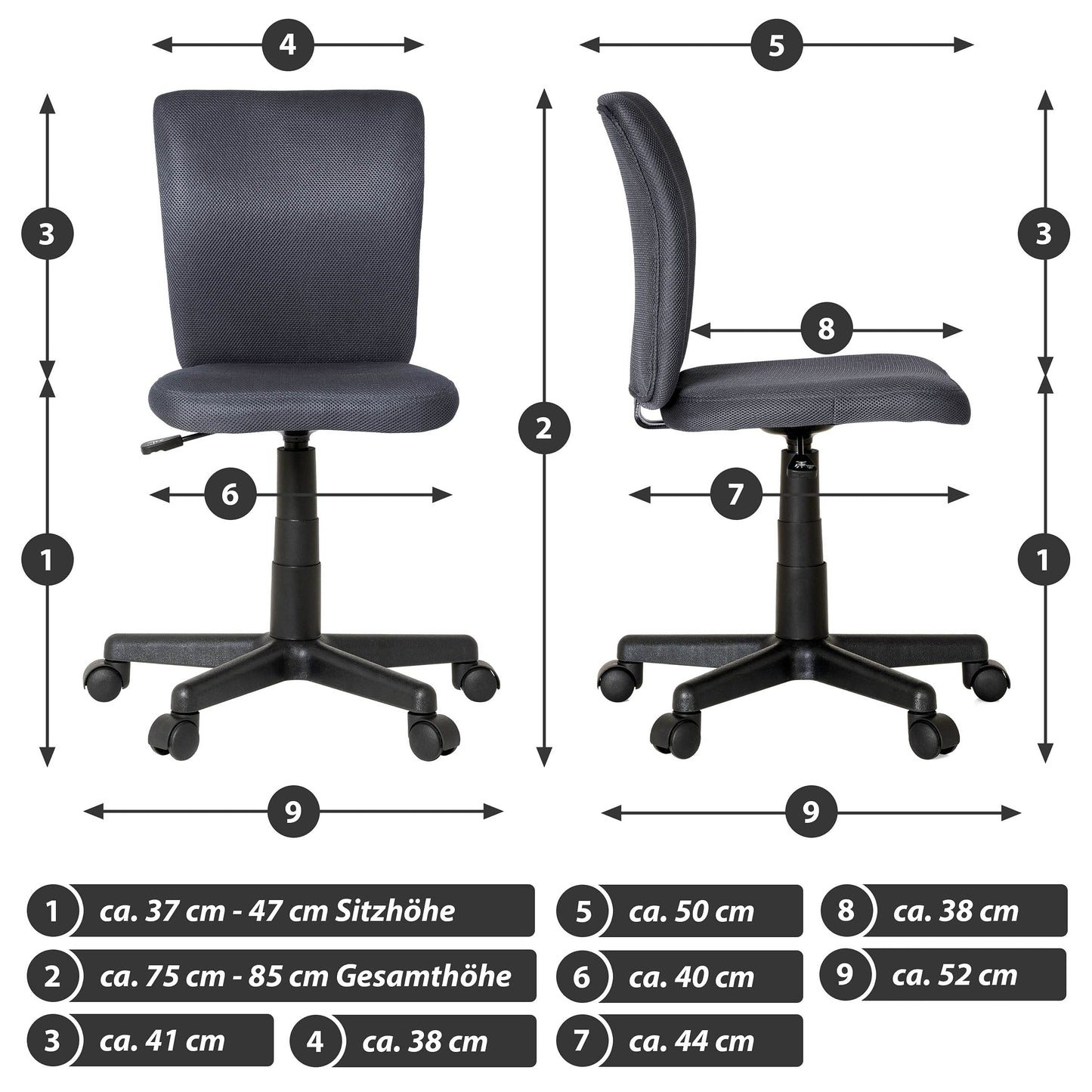Nexos Trading Children's Office Chair Swivel Chair without Armrests Easily adjustable in height Gray padded with wheels Mesh cover Desk chair