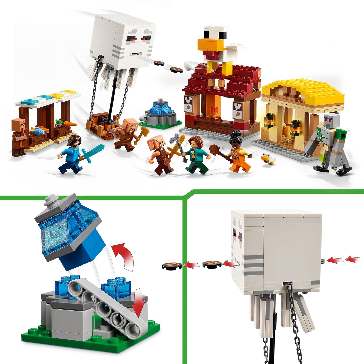 LEGO Minecraft Ghast Balloon Attack - Gaming Toy - Steve's House, 4 Minifigures - Iron Golem Figure & Exploding Fountain Feature - Gift for Boys, Girls & Fans 10+ - 21273