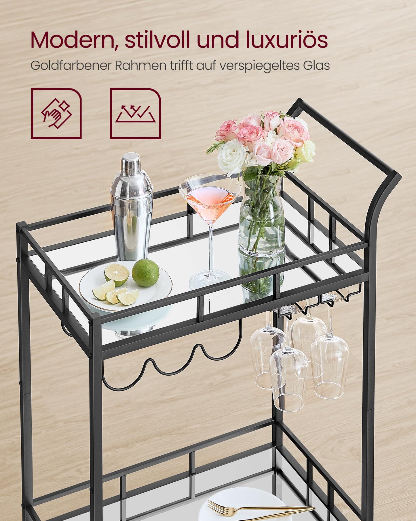 VASAGLE Bar Cart, Rolling Cart, Glass Holder, 2 Mirrored Glass Shelves, Wine Cart, for Kitchen, Dining Room, Bar, Black LRC092B62