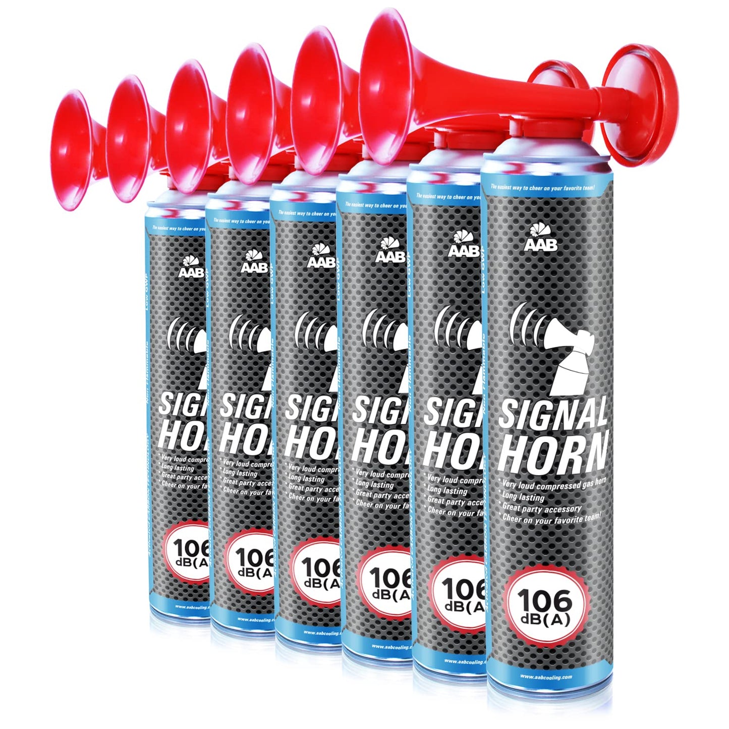 6 x AAB Signal Horn - Loud compressed air horn 106 dB(A), soccer fan merchandise with non-flammable gas, up to 320 short beeps, fanfare, gas horn, stadium signal horn, compressed air horn, air pressure horn