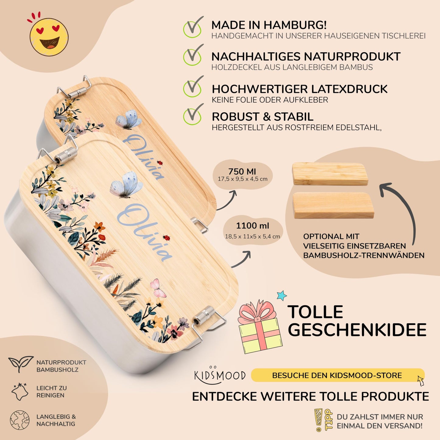 Kidsmood - Personalized lunch box for kids with compartments, stainless steel lunchbox with bamboo lid. Printed without harmful substances, featuring cute animal design & name. Perfect back-to-school gift for girls & boys.