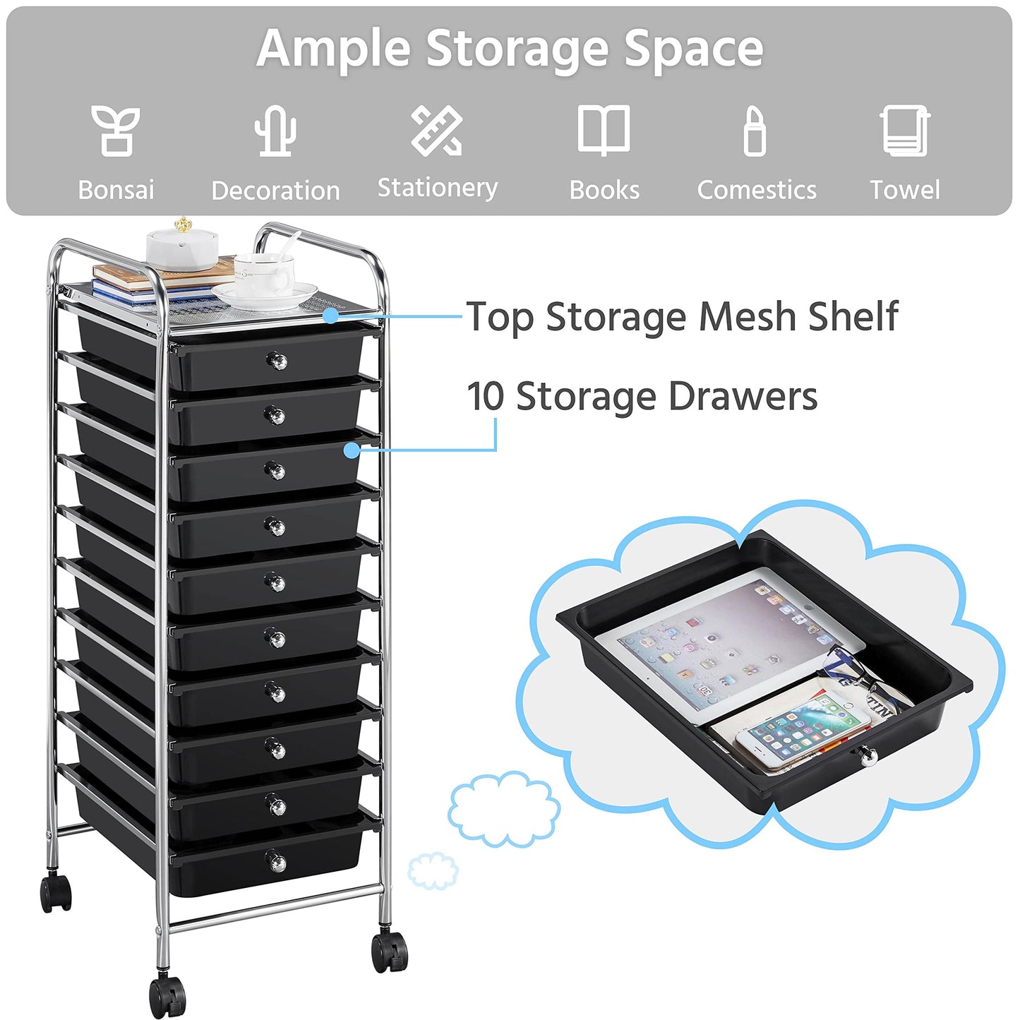 Yaheetech bathroom cart with 10 stackable drawers and metal frame. Bathroom trolley with shelves, 32×36.5×90.5 cm black.