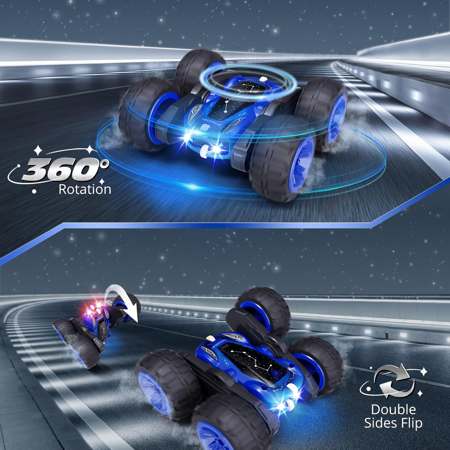 Tecnock 2025 Remote Control Car with 2.4 GHz Remote 360°Flip Stunts Rc Car Monster Truck with Colorful Lights for 6-12 Year Olds Outdoor Toy Gift for Young Children
