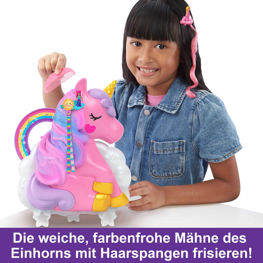Polly Pocket HMX18 - Mini toy, Rainbow Unicorn Salon Styling Head and Compact Playset with 2 small dolls, 25 accessories, and movable game elements. Dolls toy for ages 4 and up.