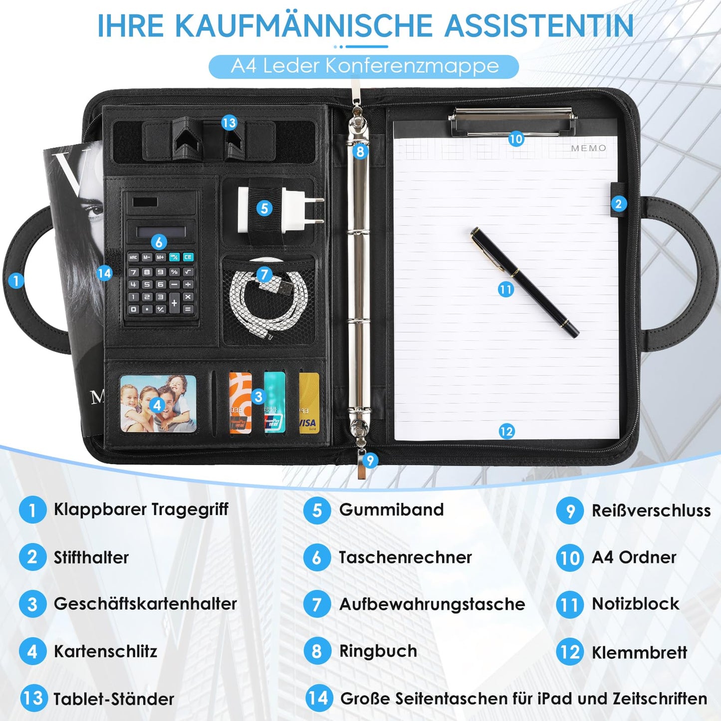 A4 writing case, A4 conference folder with phone holder, leather document folder with zipper, waterproof file folder with ring binder clipboard notepad, portfolio folder for business meeting, black.