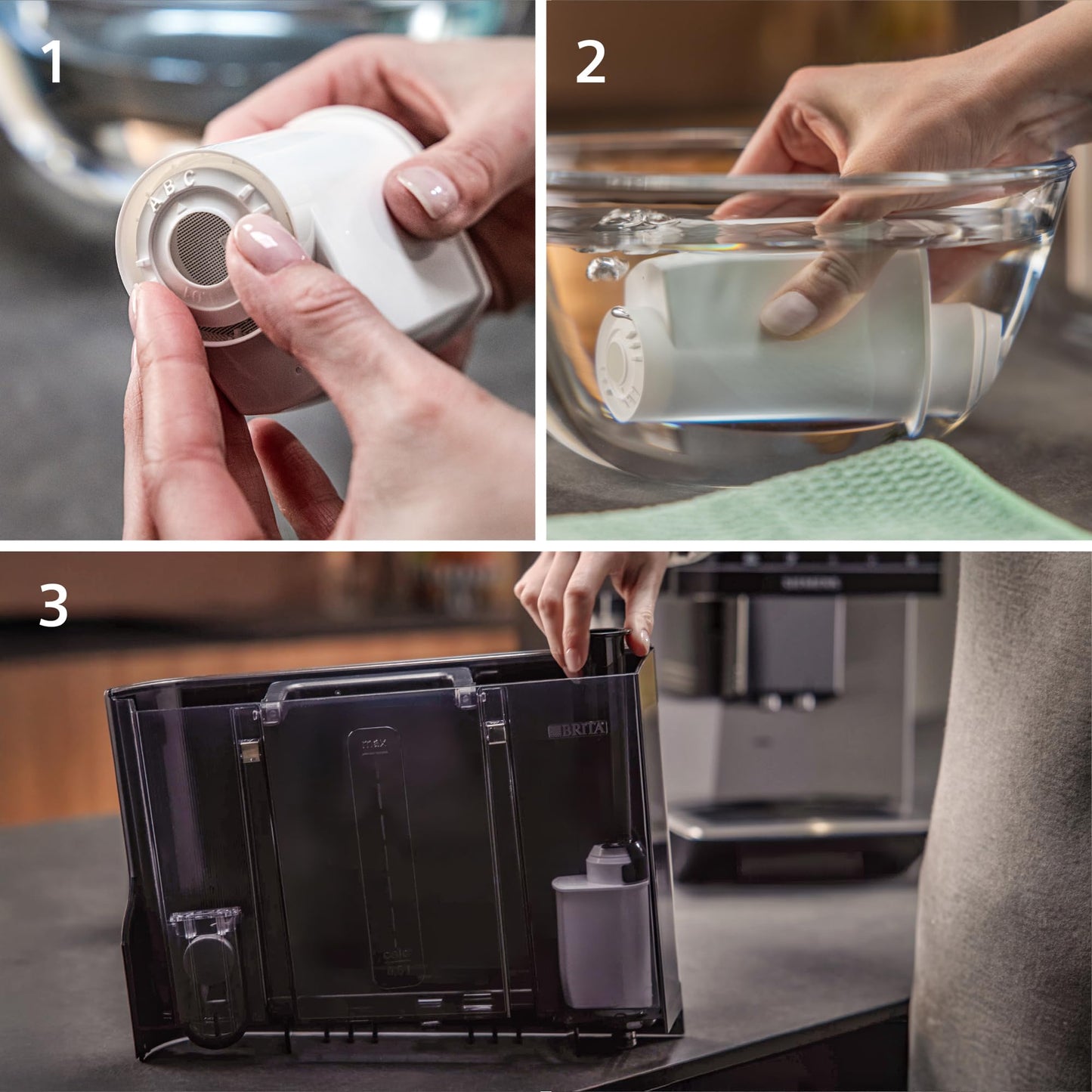 Siemens BRITA Intenza water filter TZ70033A, 3 pieces, reduces water hardness, compatible with EQ series coffee machines and built-in espresso machines.