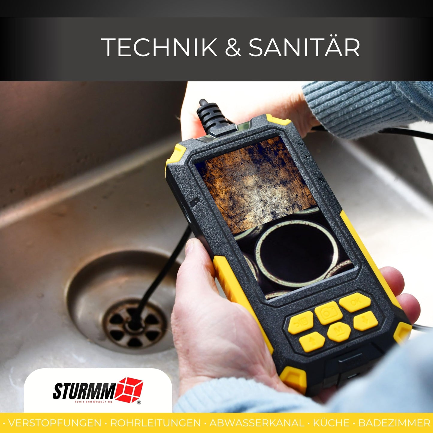 Industrial endoscope with dual camera, 10-meter cable, and 4.5-inch IPS display.