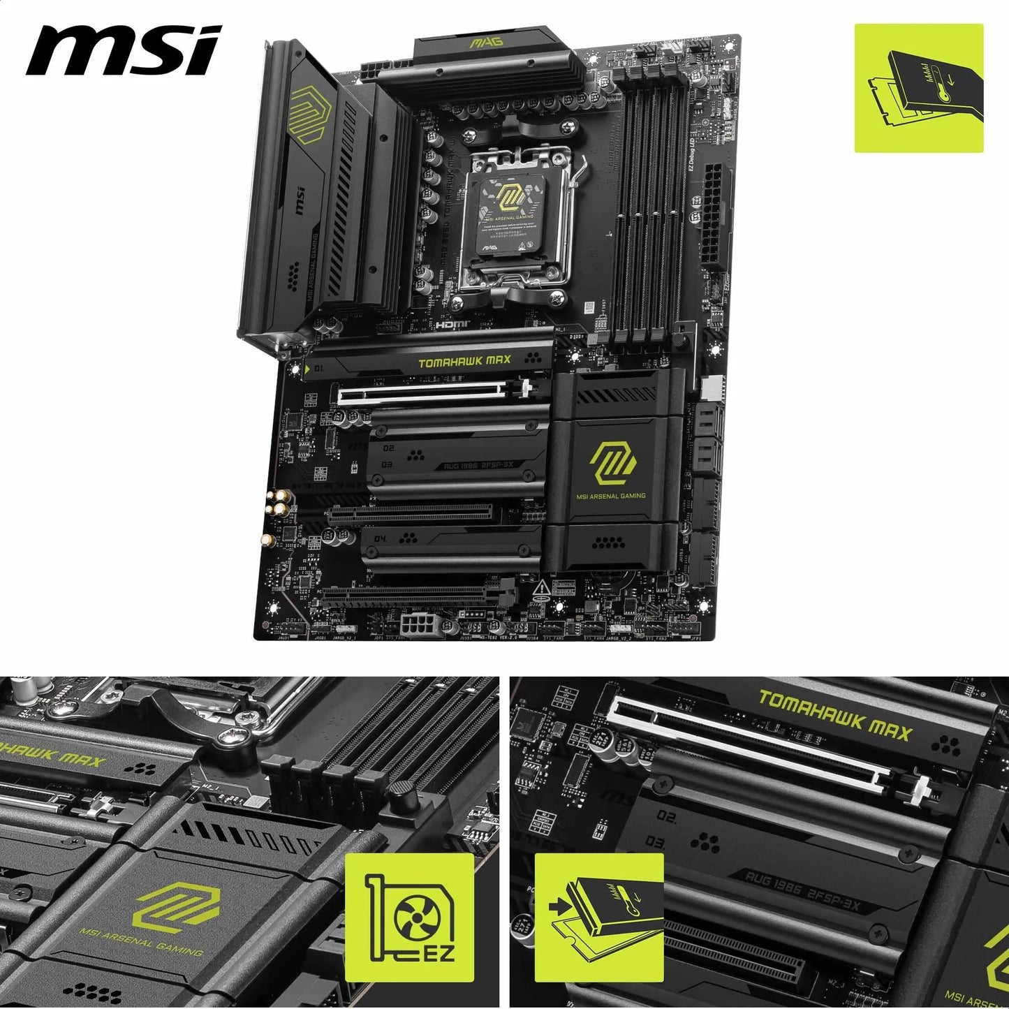 MSI MAG B850 Tomahawk MAX WiFi Motherboard, ATX - Supports AMD Ryzen 9000/8000/7000 processors, AM5-80A SPS VRM, DDR5 Memory Boost 8400+ MT/s (OC), PCIe 5.0 x16, M.2 Gen5, Wi-Fi 7, 5G LAN.