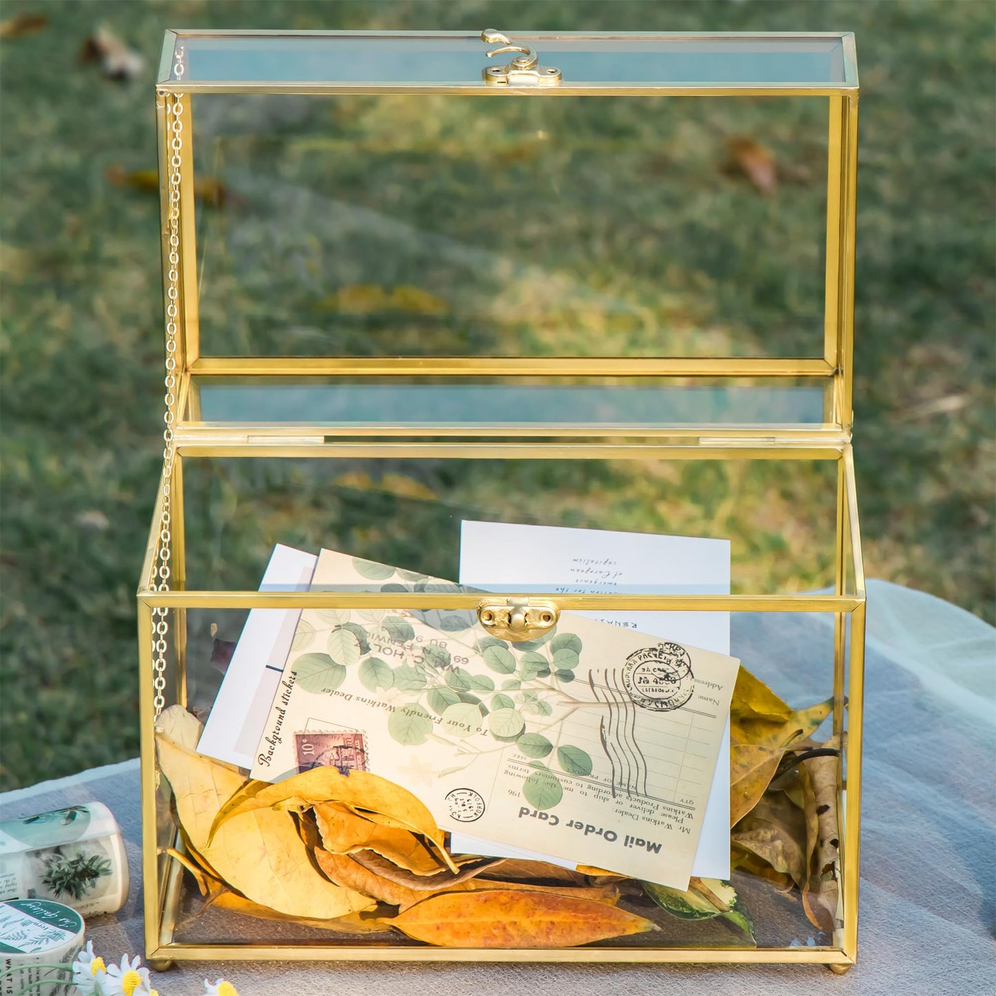 NCYP 25x14.2x19.6 cm Gold Glass Card Box, Handcrafted Brass Vintage Rectangular Shape with Base for Wedding Entries, Souvenirs, Tabletop Display (glass box only)