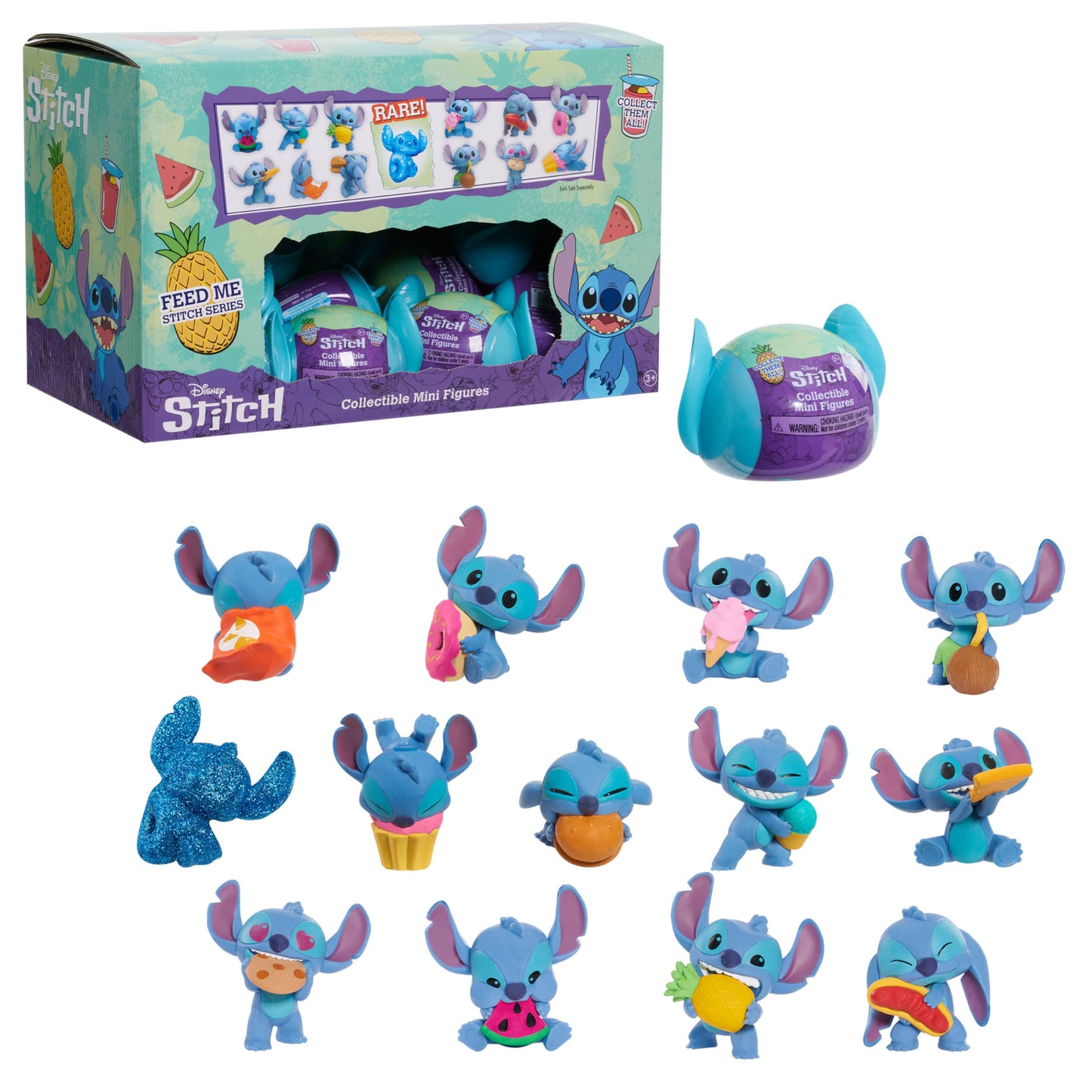 Just Play Disney Stitch Minifigures for Collecting, Surprise Pack & Disney Stitch Feed Me Series, Capsule with Mini Figures, 5 cm tall collectible figures, Kids' toy for ages 3+, 6.35 inches