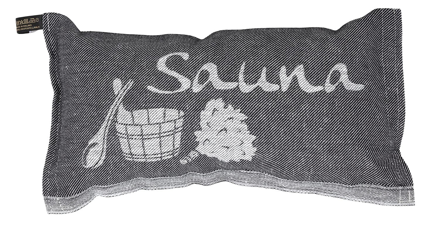 JOKIPIIN | 1 x Favorite sauna pillow travel pillow | Design: Sauna | Dimensions: 40 x 22 cm, linen/cotton | pollutant tested Ökotex 100 | Made in Finland (Black/White)
