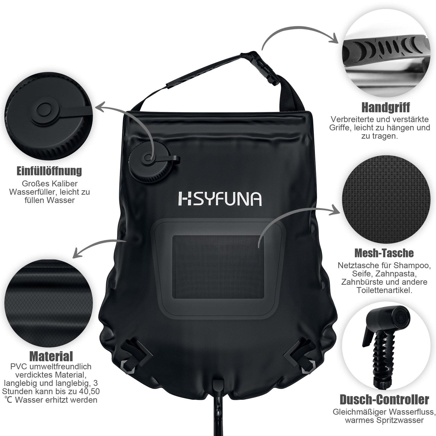 HSYFUNA Camping Shower, 5 Gallons/20L with Temperature Display Solar Shower Camping, Hot Water 45°C Camping Shower Outdoor, for Hiking Climbing