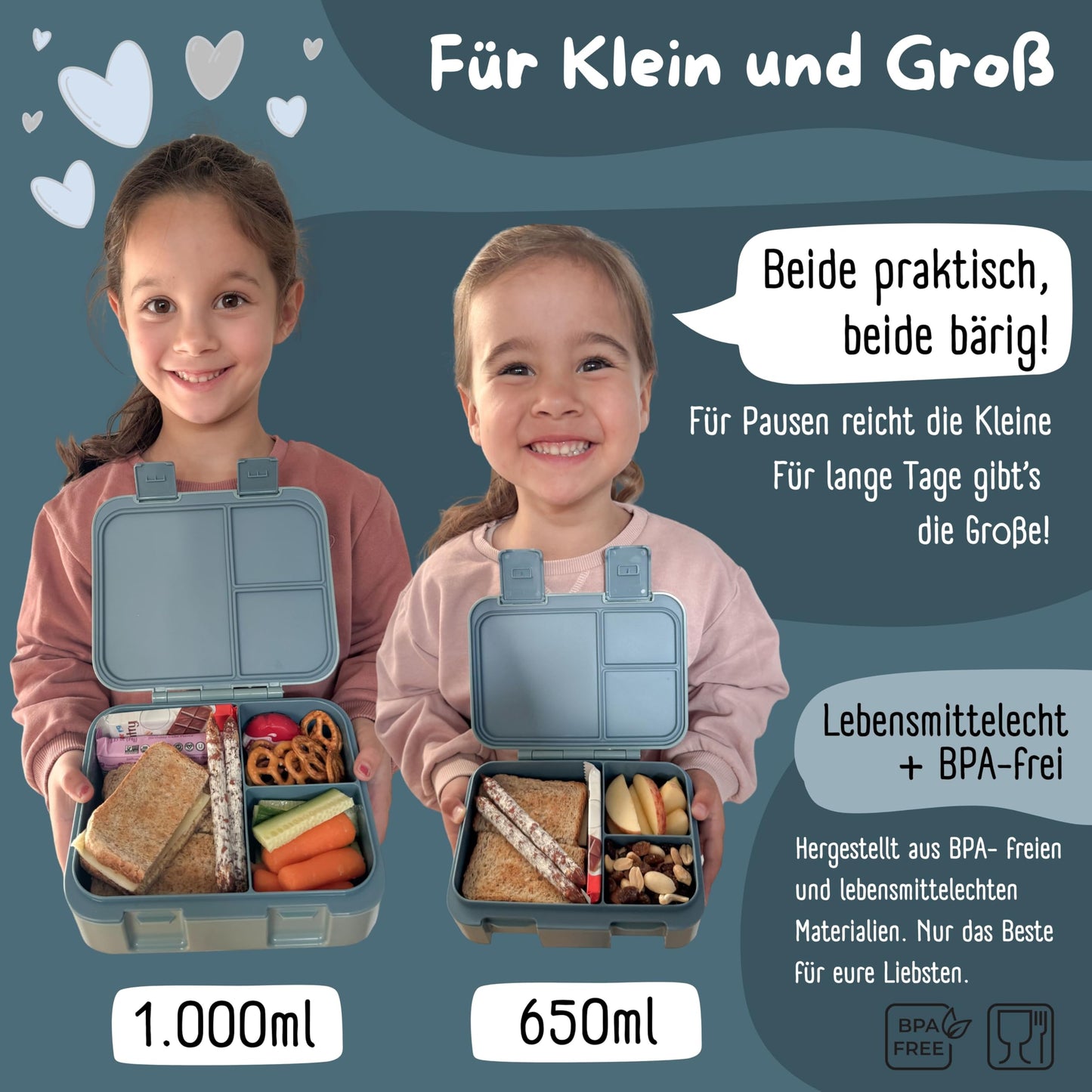 BEARFOOT Bento Box COMPACT | BPA-free kids lunchbox for school & kindergarten | Leak-proof lunchbox for girls & boys | Convenient, light & compact (Blue, 650ml)
