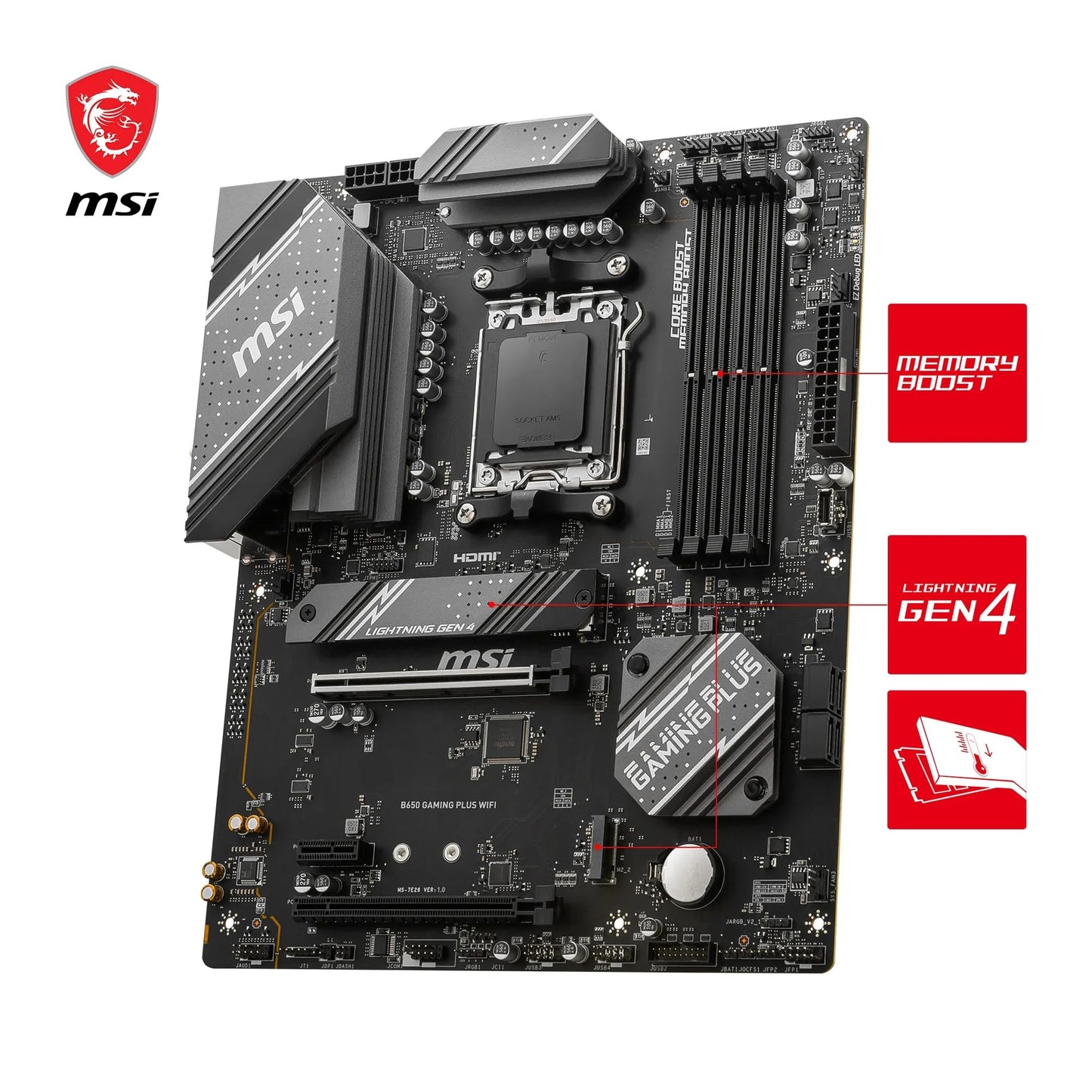 MSI B650 Gaming Plus WiFi Motherboard (supports AMD Ryzen 7000 processors, AM5 - DDR5 Memory Boost 6400+MHz/OC, 2 x PCIe 4.0 x16, 2 x M.2 Gen4, Wi-Fi 6E, ATX)