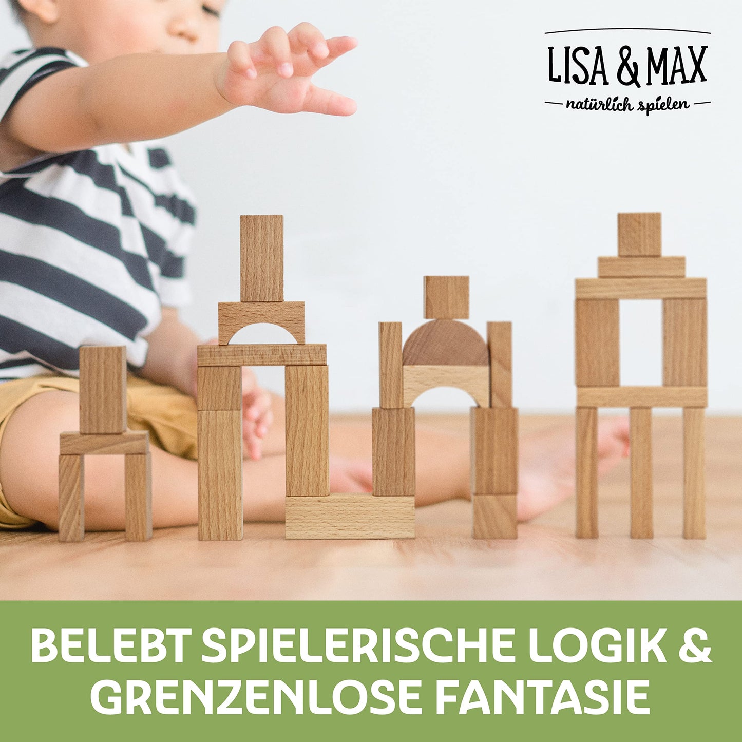 LISA & MAX Premium Wooden Building Blocks (130 pieces) from 1 year - 100% natural, Made in EU, made from FSC®-certified wood - Building blocks for children - Nature - Wooden Baby Building Blocks