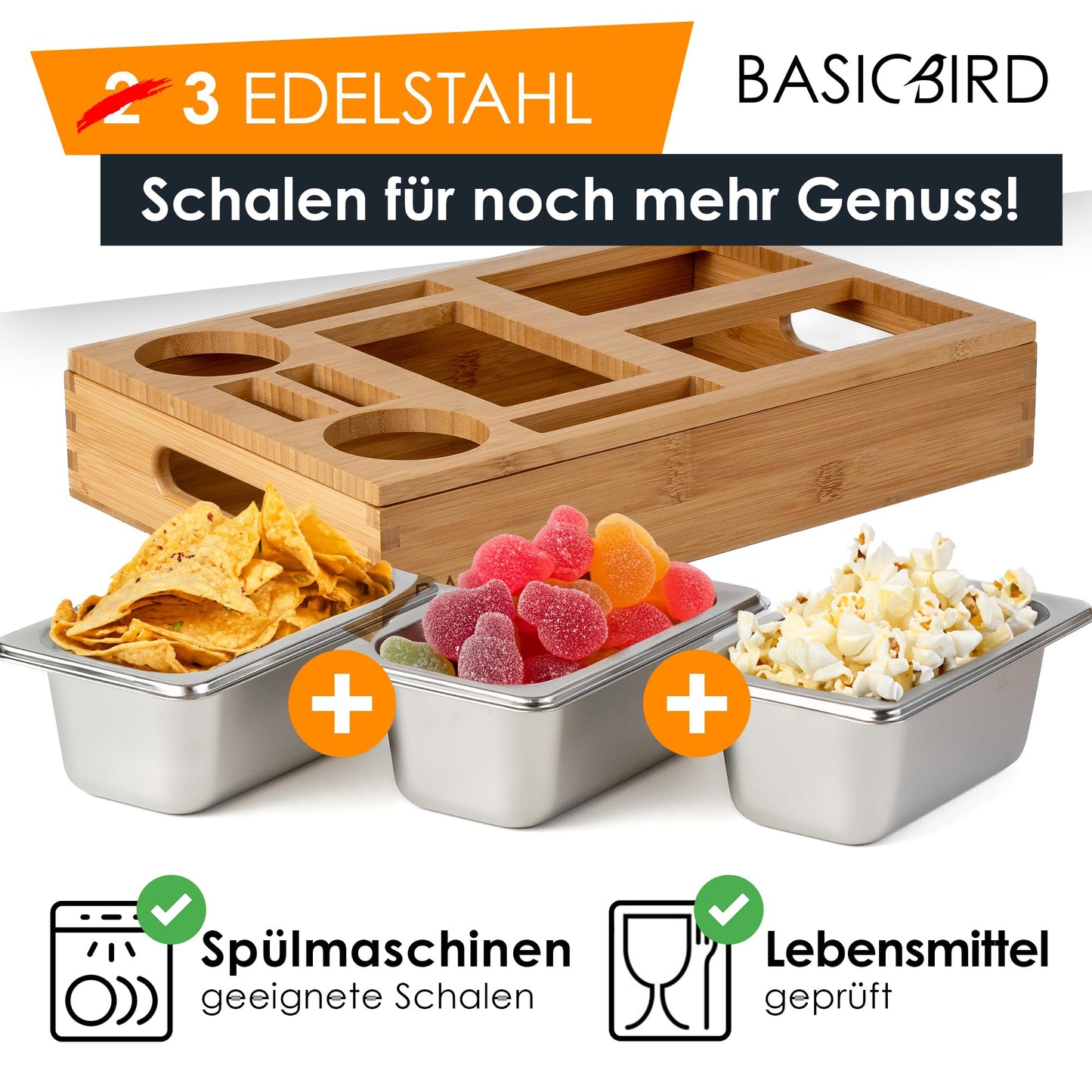 BASICBIRD® Couchbar Snackbox - Organizer Tray - Snack dispenser with 3X snack bowls - Wood sofa tray for sofa, decor, couch bar with drink holder - Snackbox with compartments - RV equipment