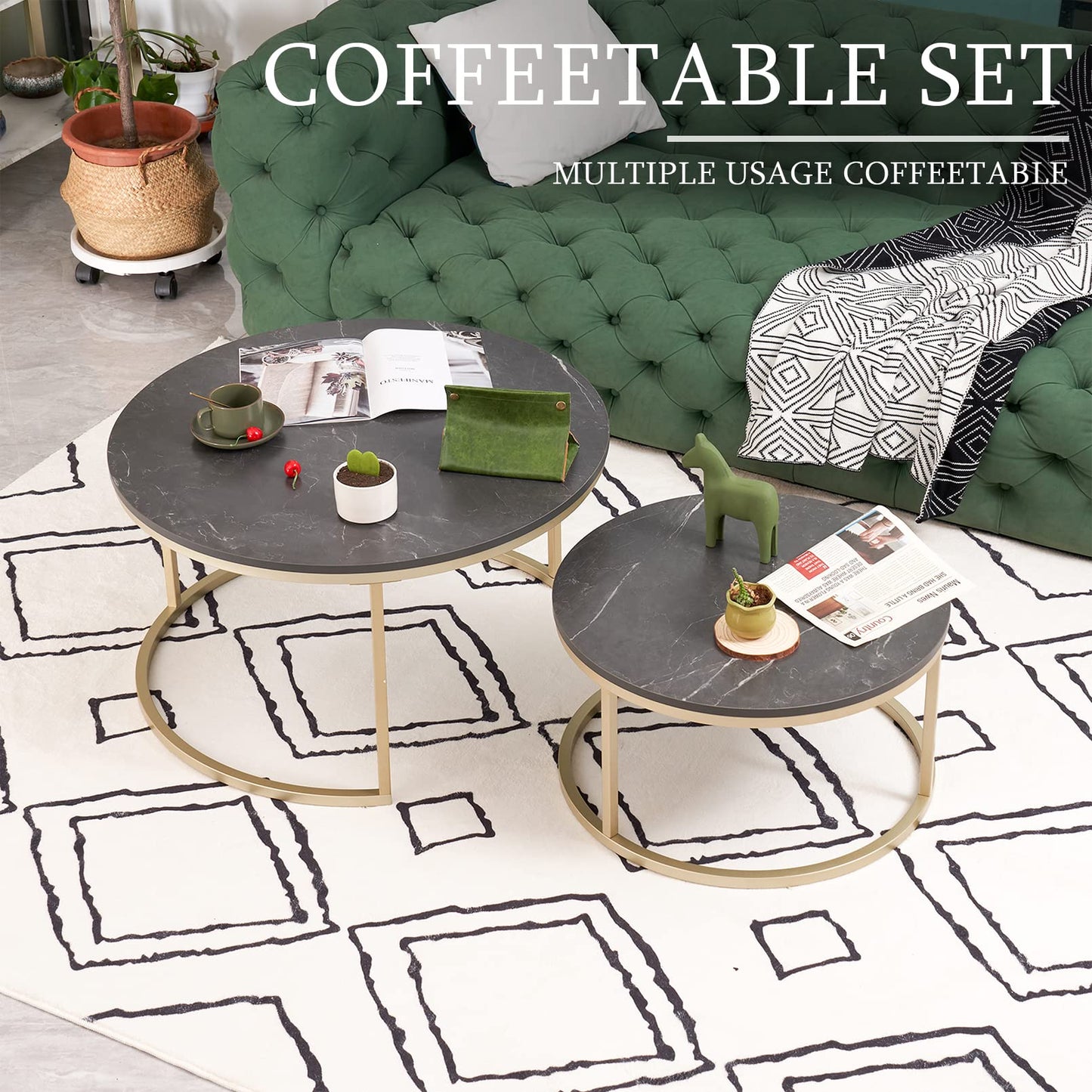 Soayone Round Coffee Table Set of 2, Black Marble Coffee Table with Gold Metal Frame, Round Side Table, Modern Living Room Table, Nesting Tables for Living Room Bedroom Balcony