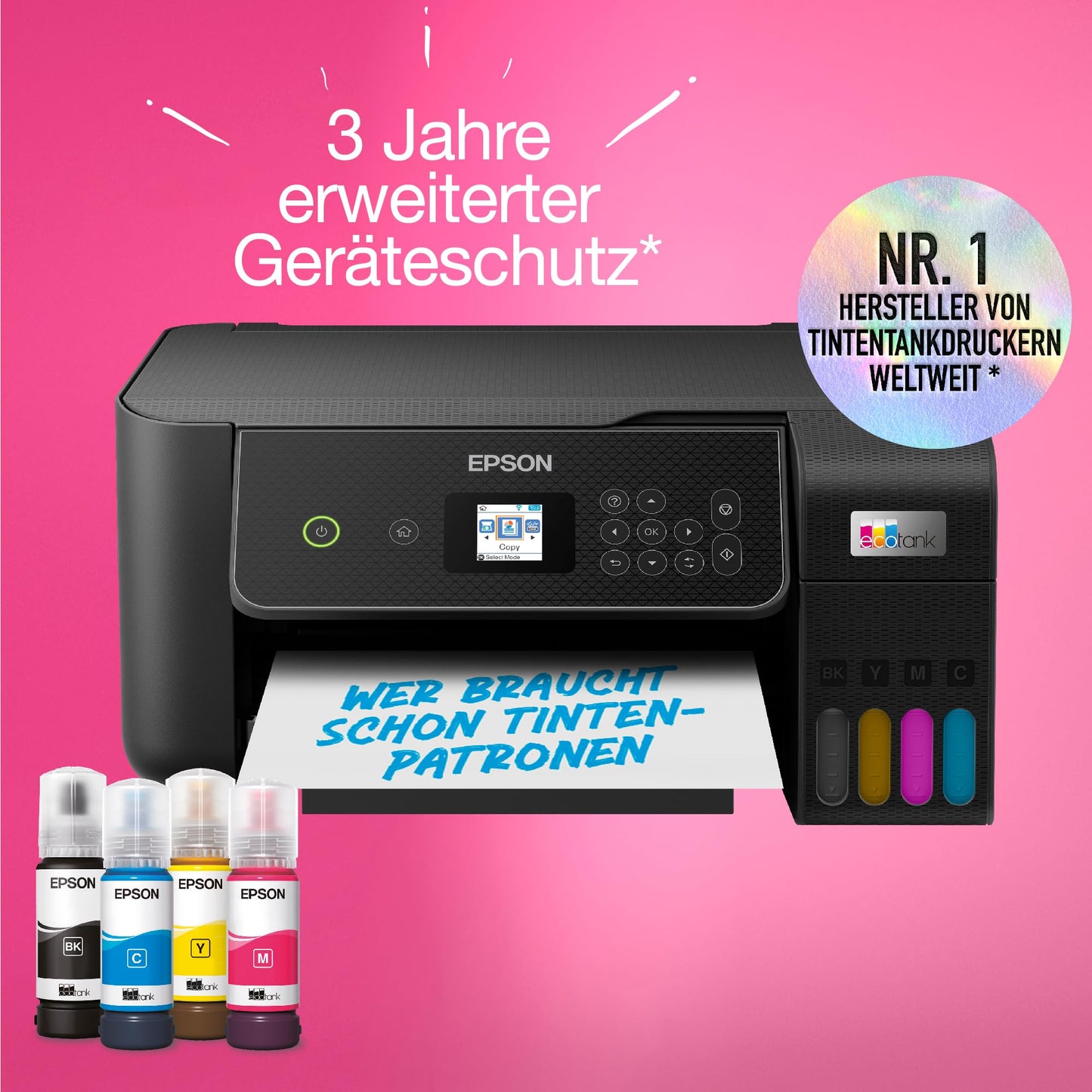 Epson EcoTank ET-2870 A4 multifunction Wi-Fi ink tank printer, with a supply of ink included that can last up to 3 years.