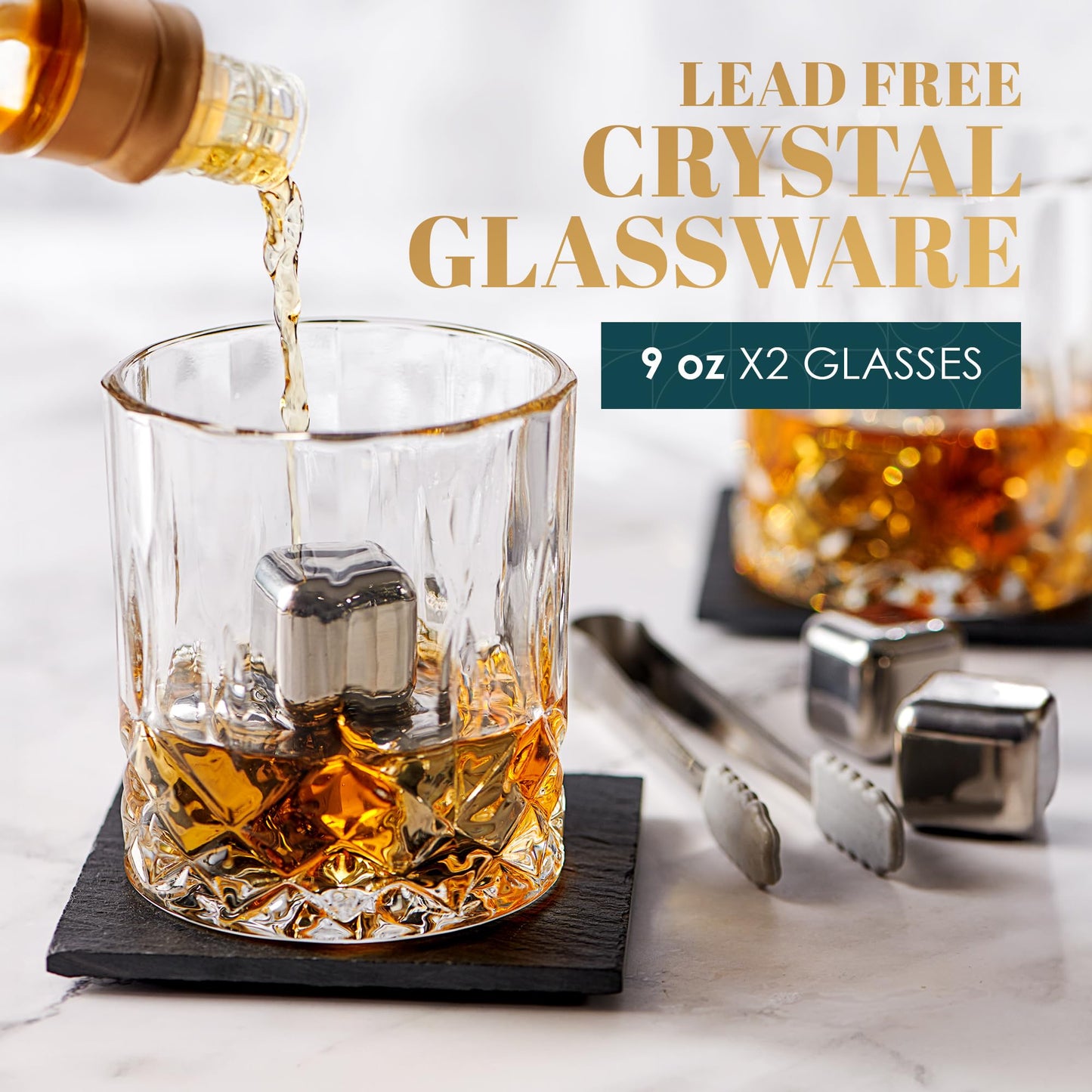 Whiskey gift set: Whiskey glasses, stones, tongs, coasters, wooden box, velvet bag, history and recipe cards - accessory set, gift for men, husband, friend, by Royal Reserve.