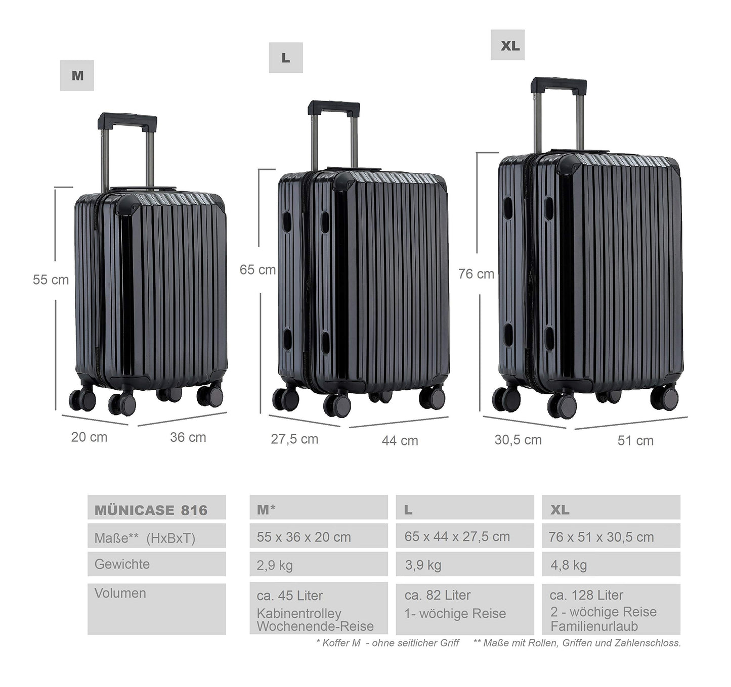 Münicase M816 TSA Lock Suitcase Luggage Set Hard Shell Suitcase Boardcase (Black, 3pc Set)