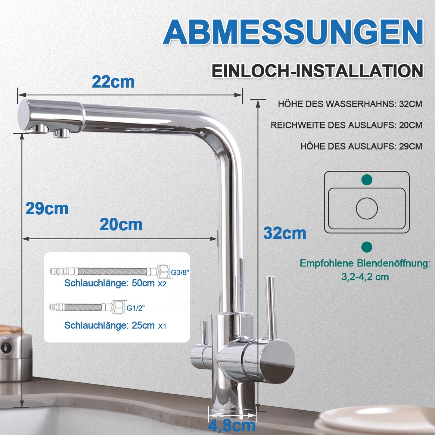 ROVOGO Kitchen Faucet 3 Way Water Filter Mixer Tap, Kitchen Tap for Hot, Cold and Drinking Water, 360° Rotatable Sink Faucet Stainless Steel with Double Lever and 3 Hoses, Chrome
