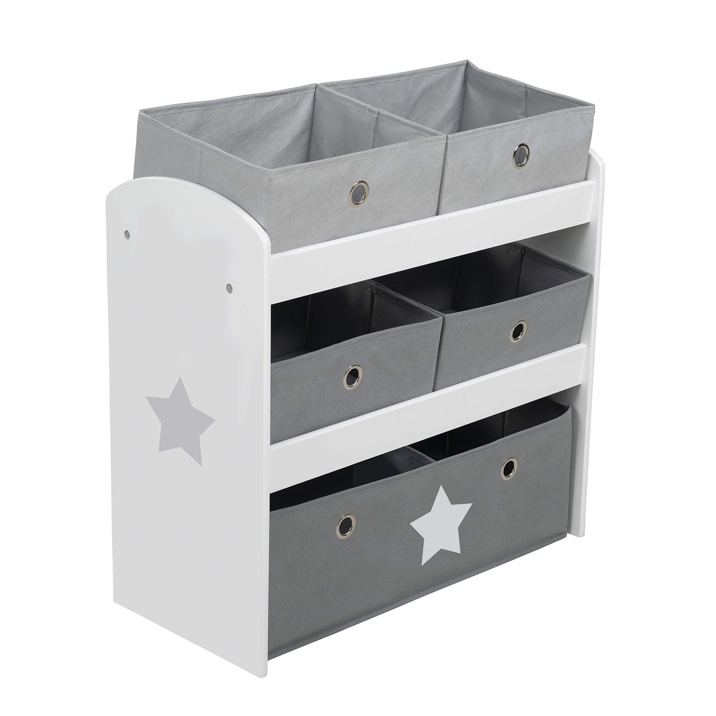 Roba Play Shelf Stars - Toy Shelf for Children's Room with 5 Fabric Boxes - with Star Motif - Storage Shelf for Boys and Girls - White Wood