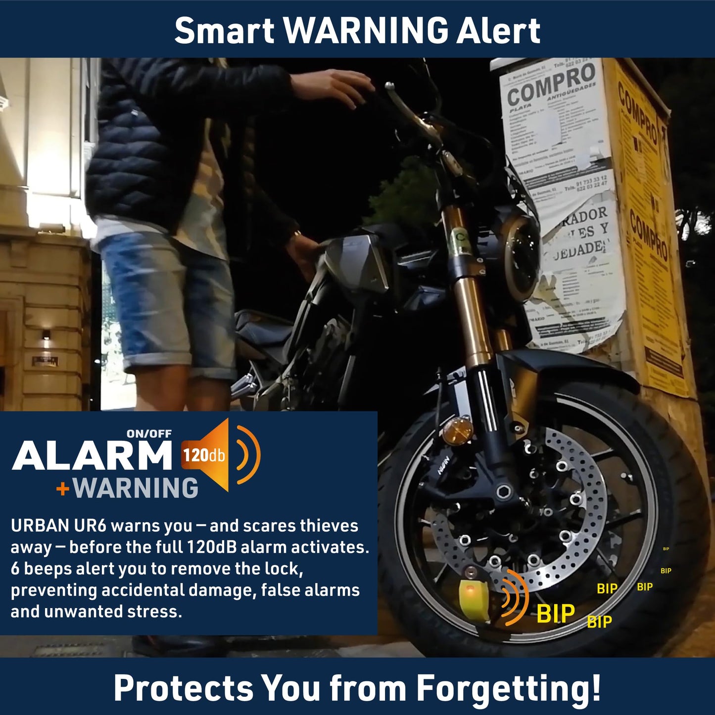 URBAN UR6 disc brake lock with 120dB alarm ON/Off with warning function, Optional activation, Long-lasting battery, Waterproof, Motorcycle lock alarm system Anti-theft protection Scooter Universal ø6mm